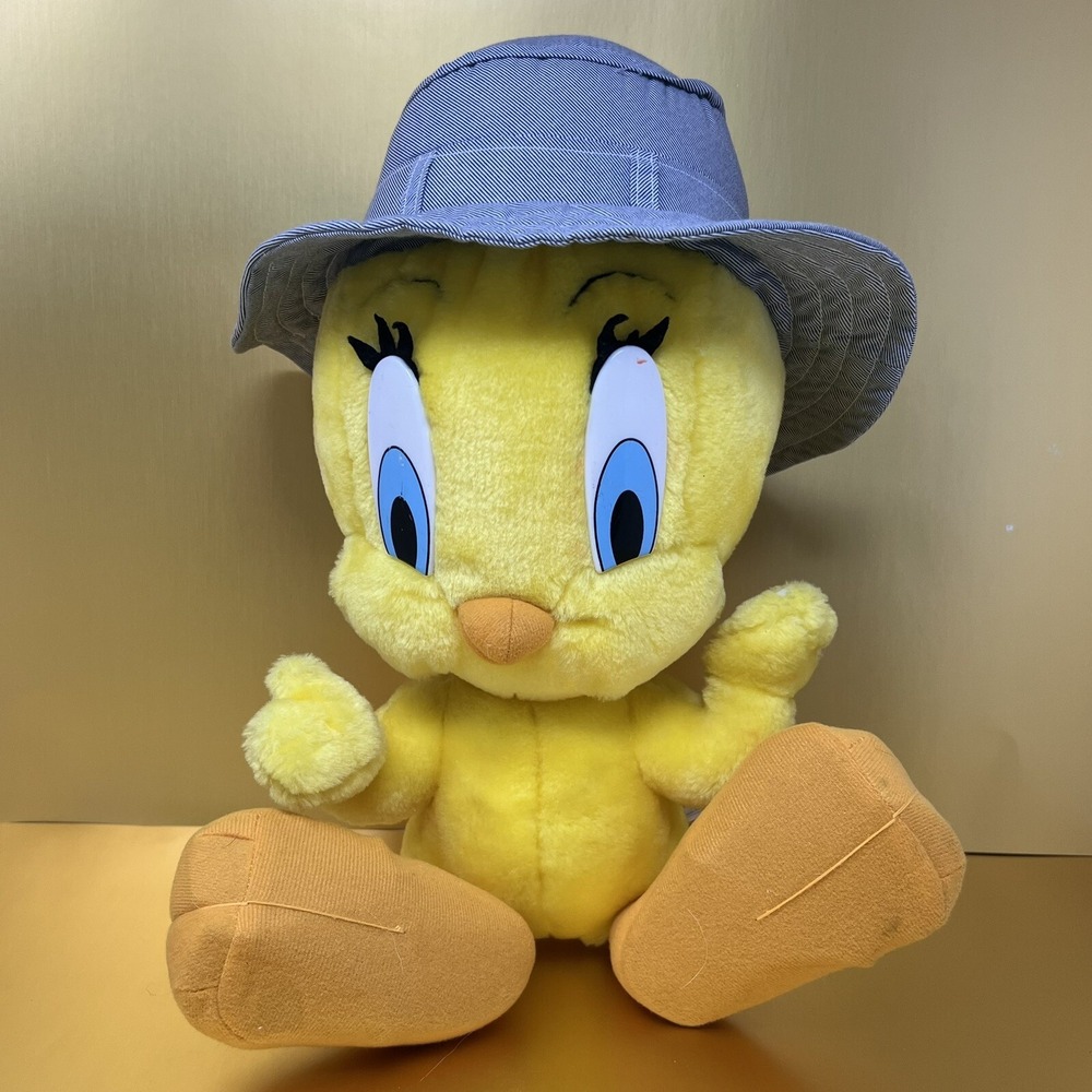 Rare 1998 Tweety Bird Looney Tunes with Gray Bucket Hat 16" Plush Stuffed Toy‎